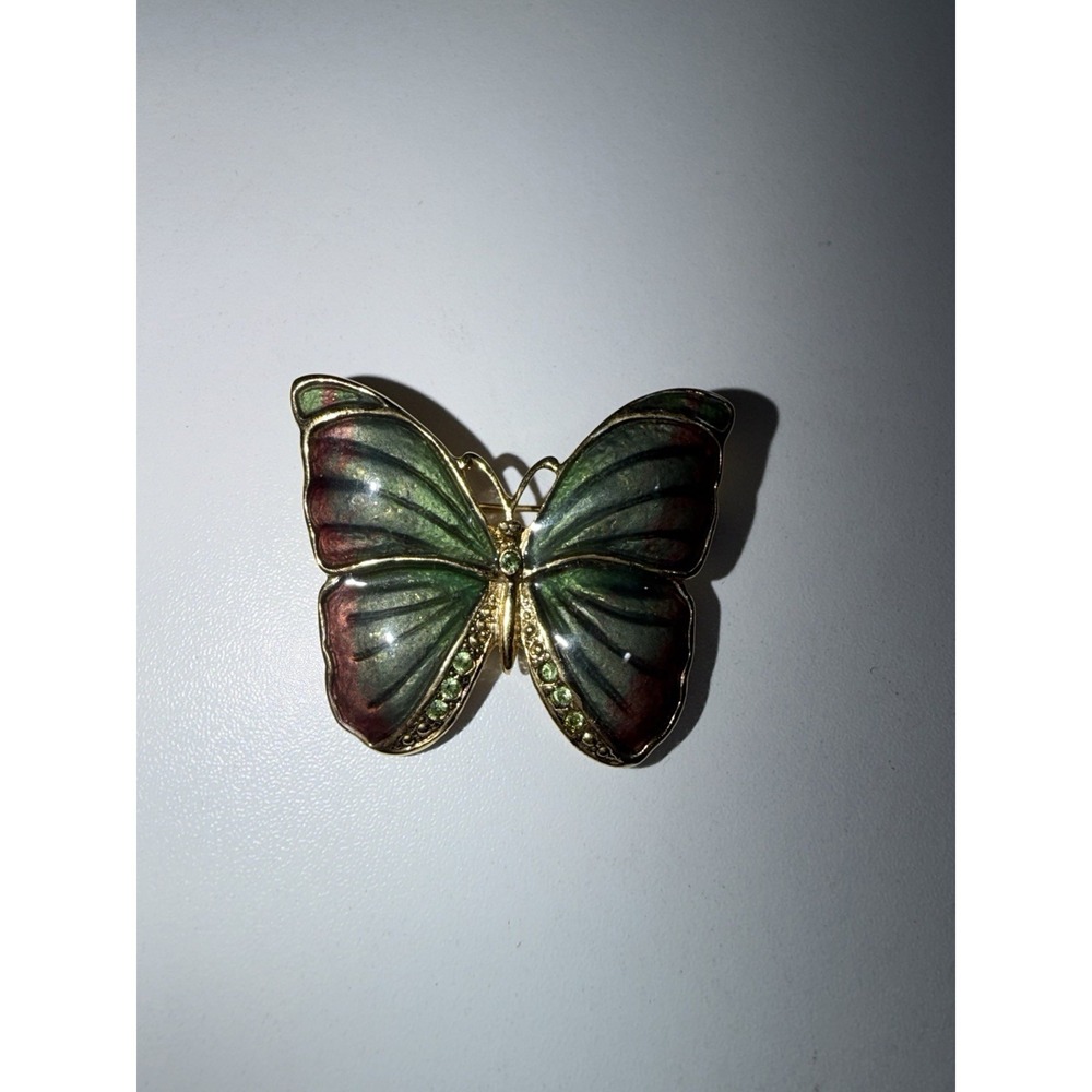 VINTAGE SIGNED SFJ ENAMELED BUTTERFLY PIN BROOCH WITH GREEN RHINESTONES